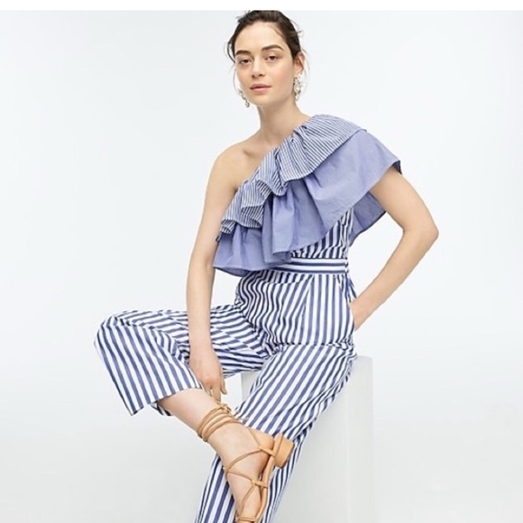 J. Crew One Shoulder Ruffle Jumpsuit Blue White Stripe 100% Cotton Size US 4 - Picture 2 of 16